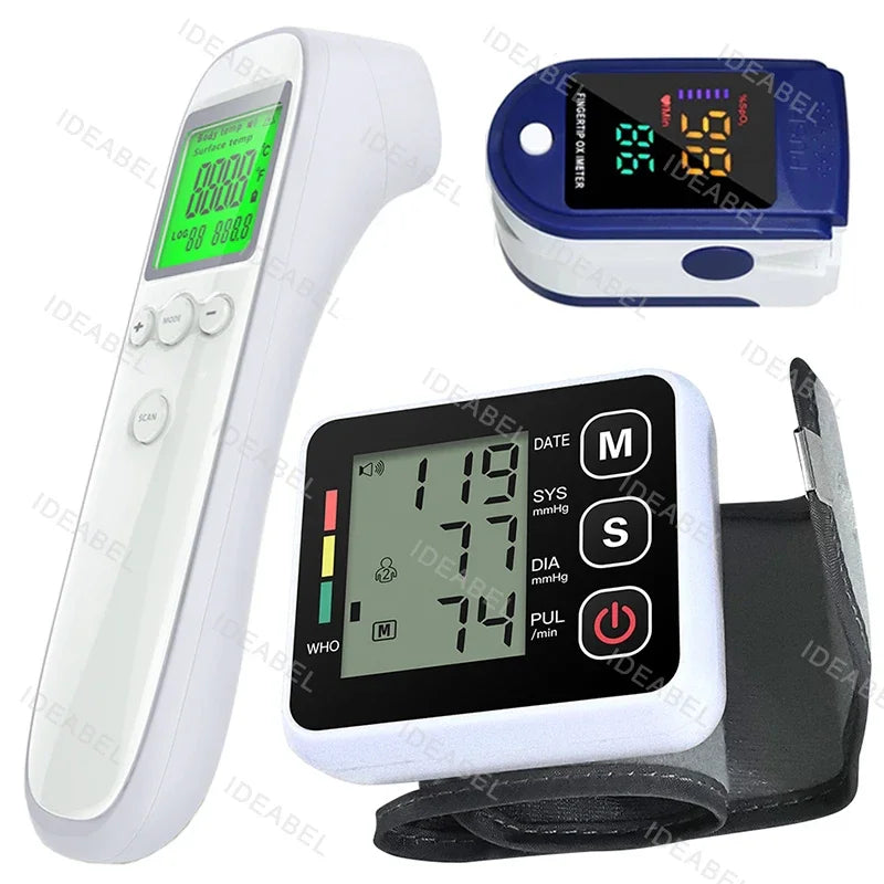 Digital Blood Pressure Monitor Wrist Tensiometer Electronic Sphygmomanometer Tonometer with LCD Forehead Digital Thermometer