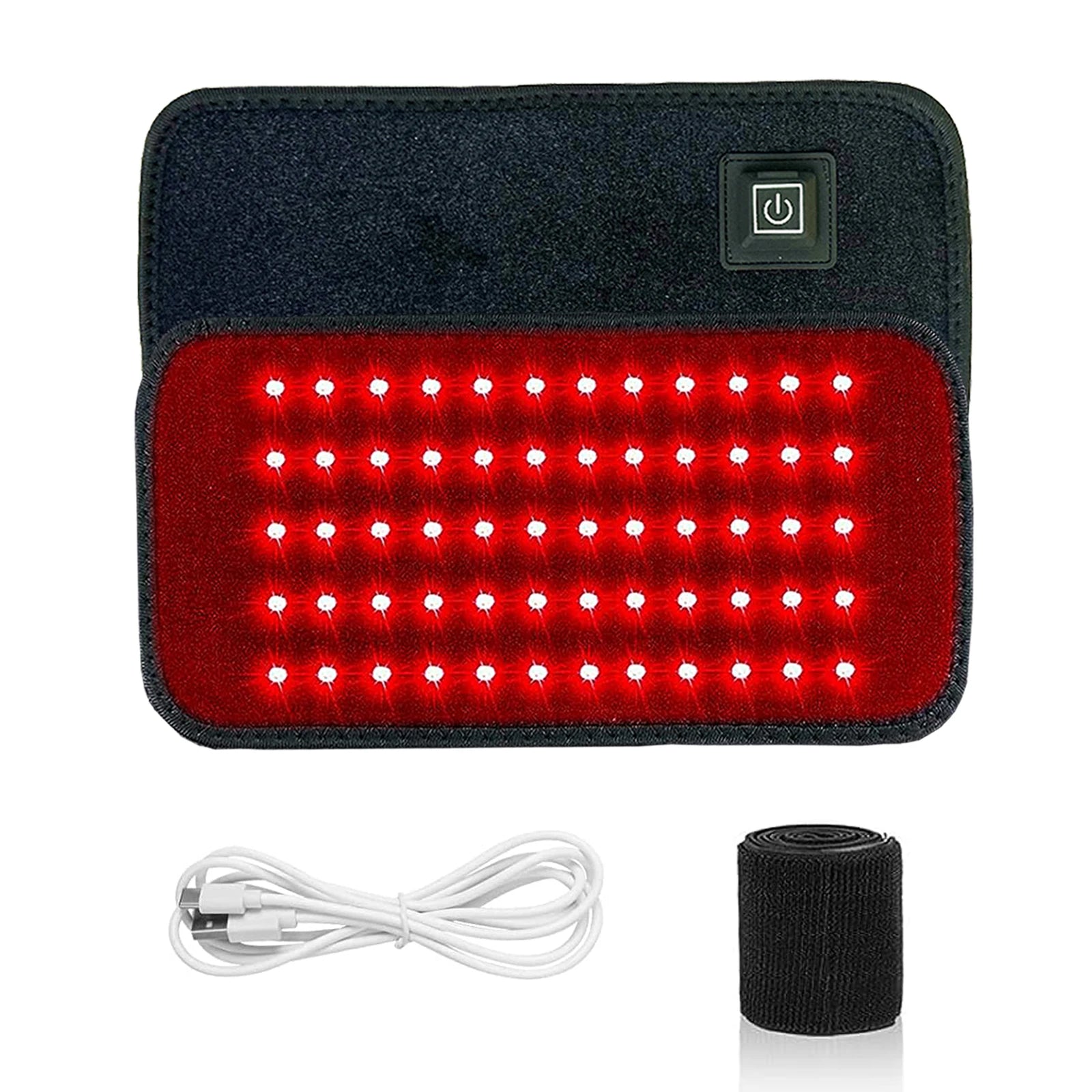 Black fabric light therapy belt with 60 glowing red LEDs, a power button, white charging cable, and velcro strap.