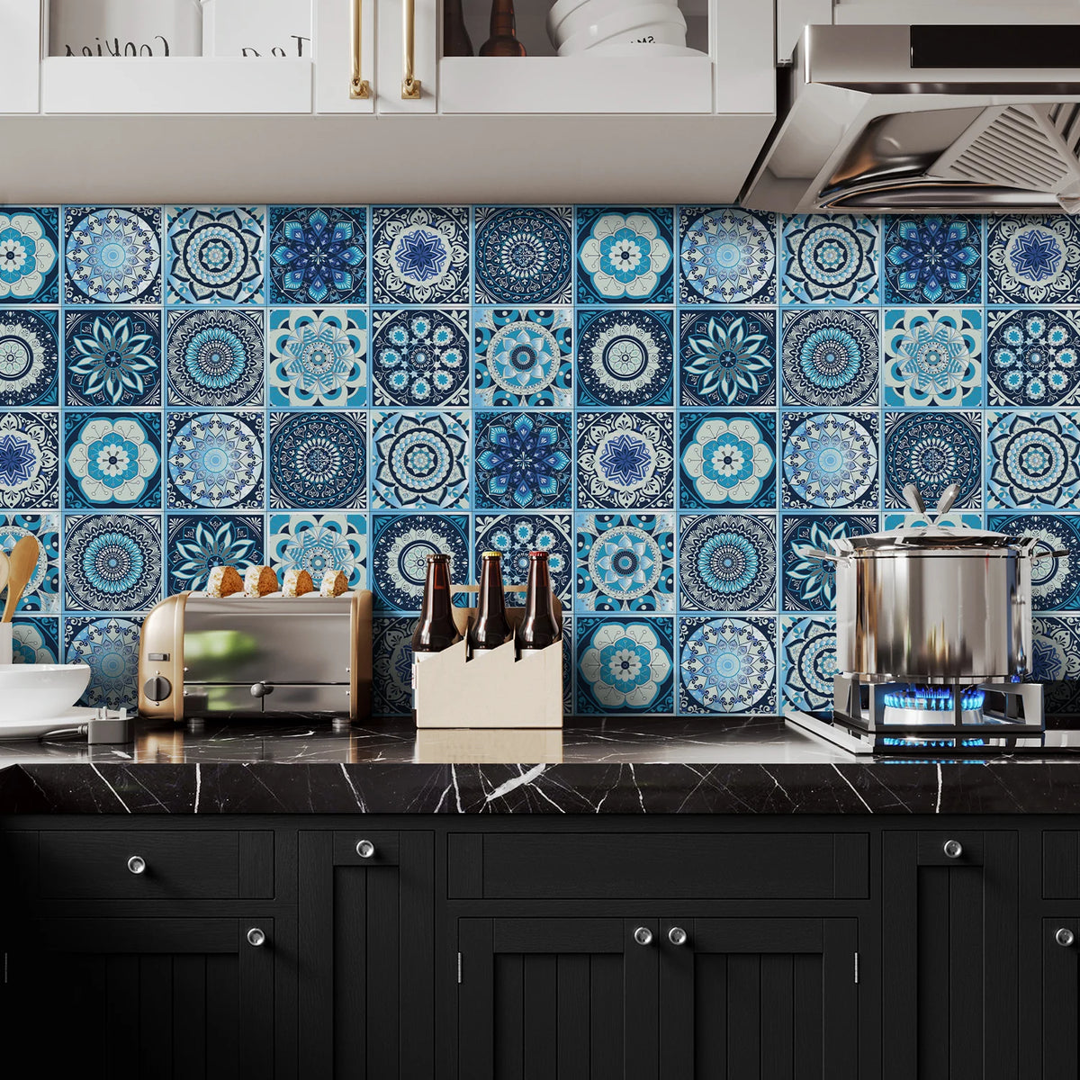 Blue square tile-style wallpaper with ornate circular patterns behind stovetop