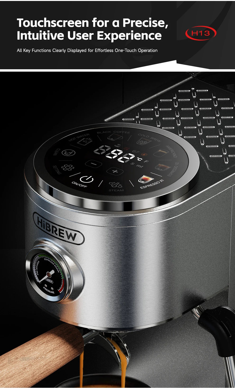 HiBREW H13 espresso machine featuring a stainless steel finish, pressure gauge, and digital touchscreen interface.