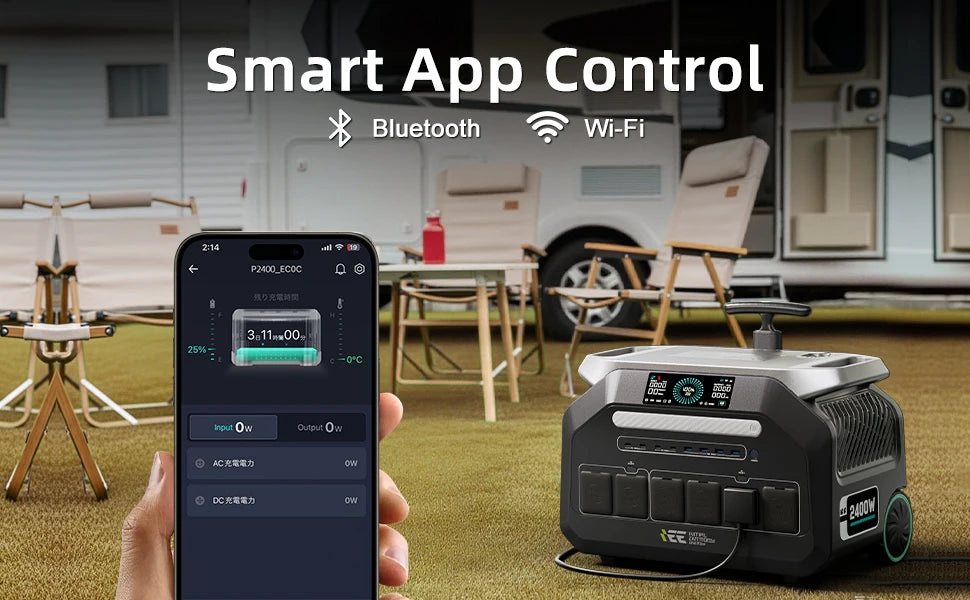 IEE P2400 2400W Portable Power Station 2048Wh LiFeP04 APP Control With Lighting Camp Solar Generator US AC Input/Output PV Inupt