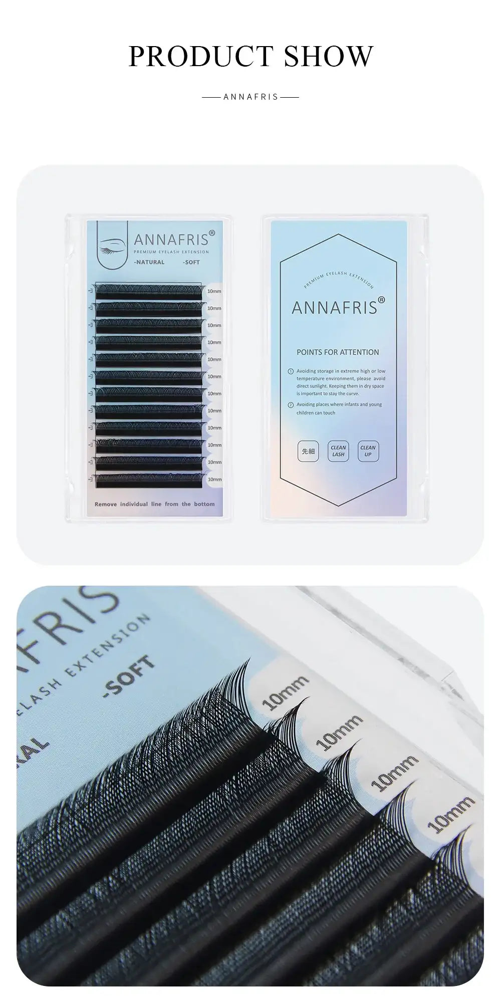 Black 10mm eyelash extension strips in a rectangular plastic tray for professional beauty application.
