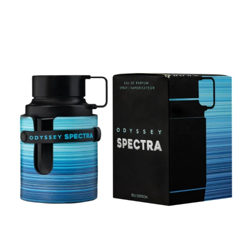 Armaf Odyssey Spectra Eau de Parfum: Unisex woody fragrance in a unique blue-striped bottle with black casing and box.