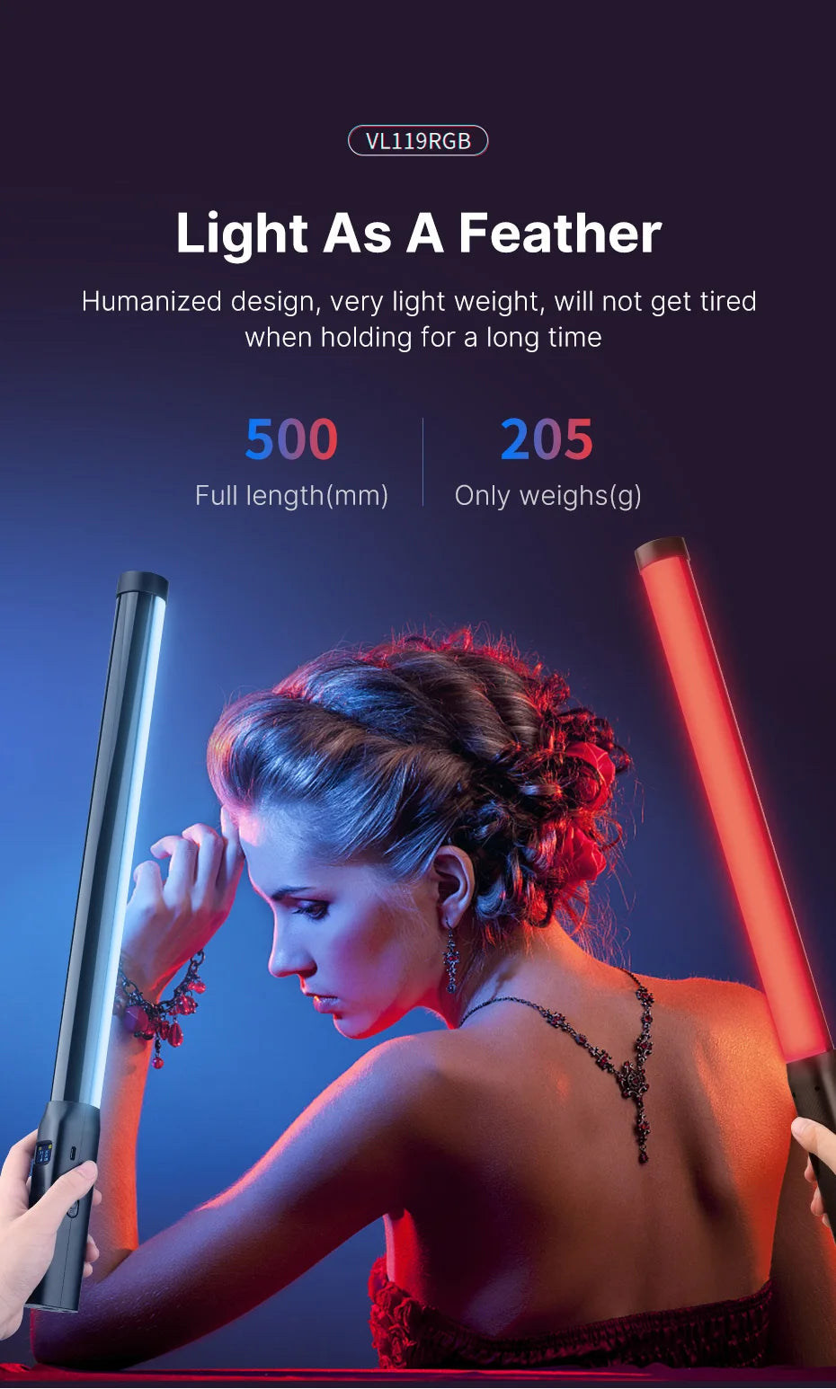 VL119RGB 500mm handheld LED light wand emitting blue and red light for photography and videography.