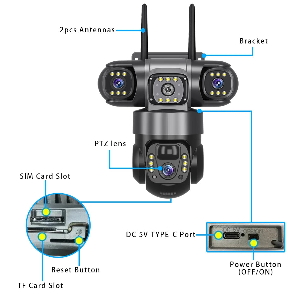 V380 Solar 4G IP Camera Outdoor 12MP 6K Triple Lenses Triple Screens Security Video Monitor Night Vision Waterproof CCTV Cameras
