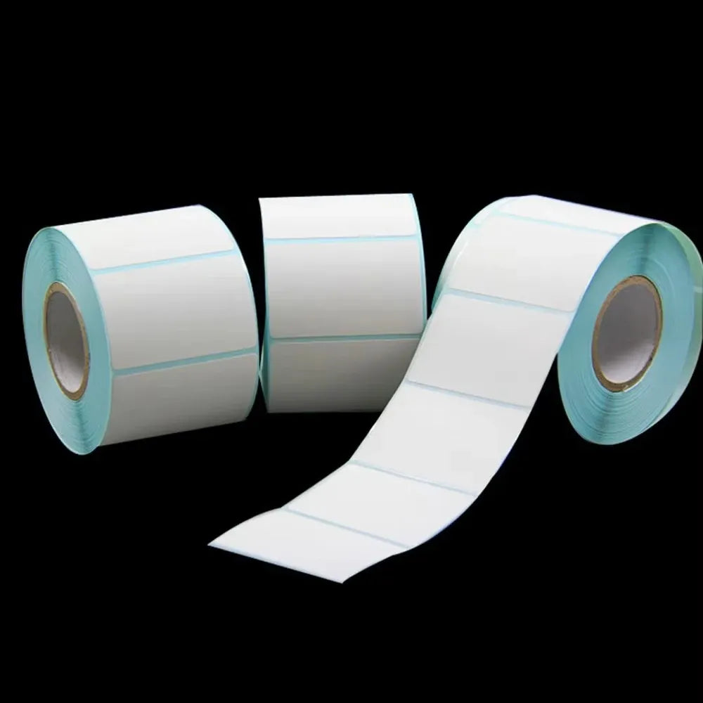Thermal barcode label stickers on a roll and loose label strip