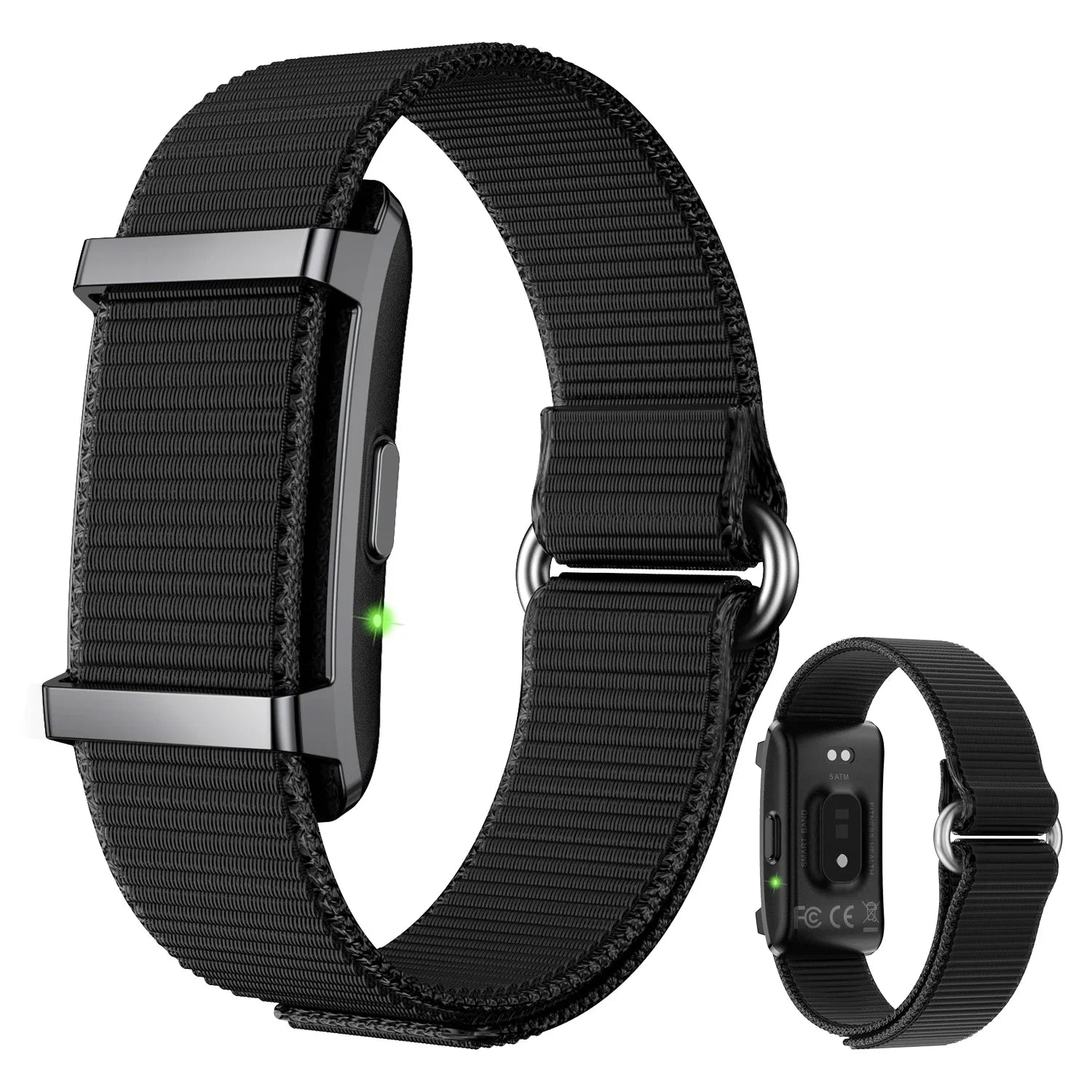 Black woven smart watch band with rectangular no-screen fitness tracker module