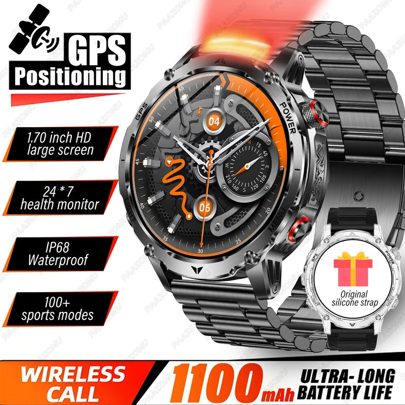 GPS smartwatch with silver metal bracelet and large orange-highlighted display