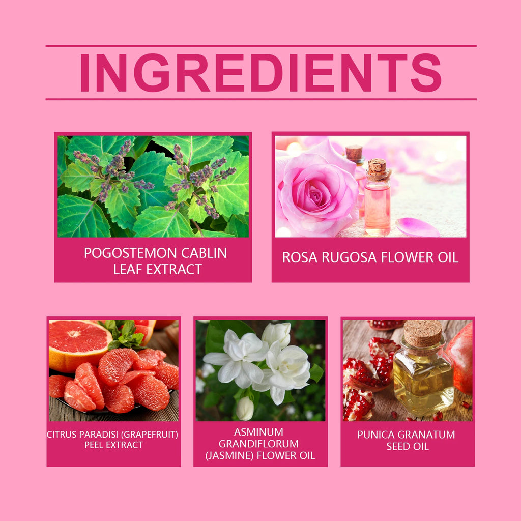 Pheromone perfume for men and women with patchouli, rose, grapefruit, jasmine, and pomegranate oil ingredients.