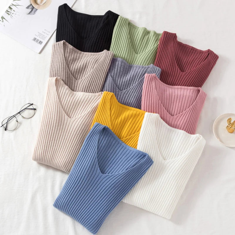 2026 Casual Long Sleeve Knitted V Neck Pullover Autumn Winter Women Sweaters Femme Basic Solid Jersey Tops Fashion Clothes