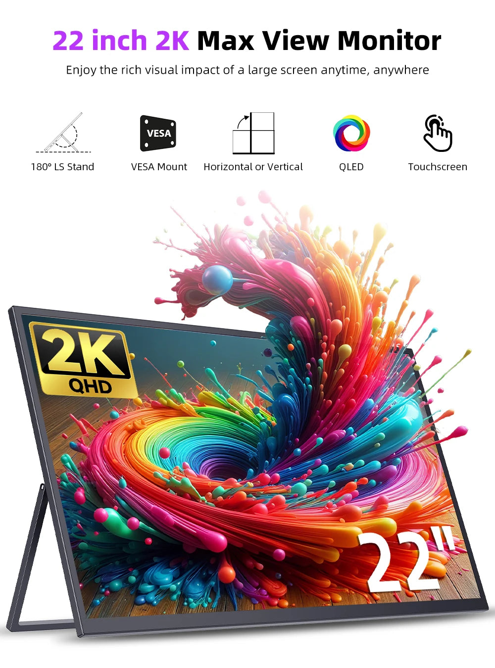 UPERFECT 22" 2K Touchscreen Portable Gaming Monitor 2560*1440 QHD Built-in Stand & VESA HDMI Type C External Display for Mini PC