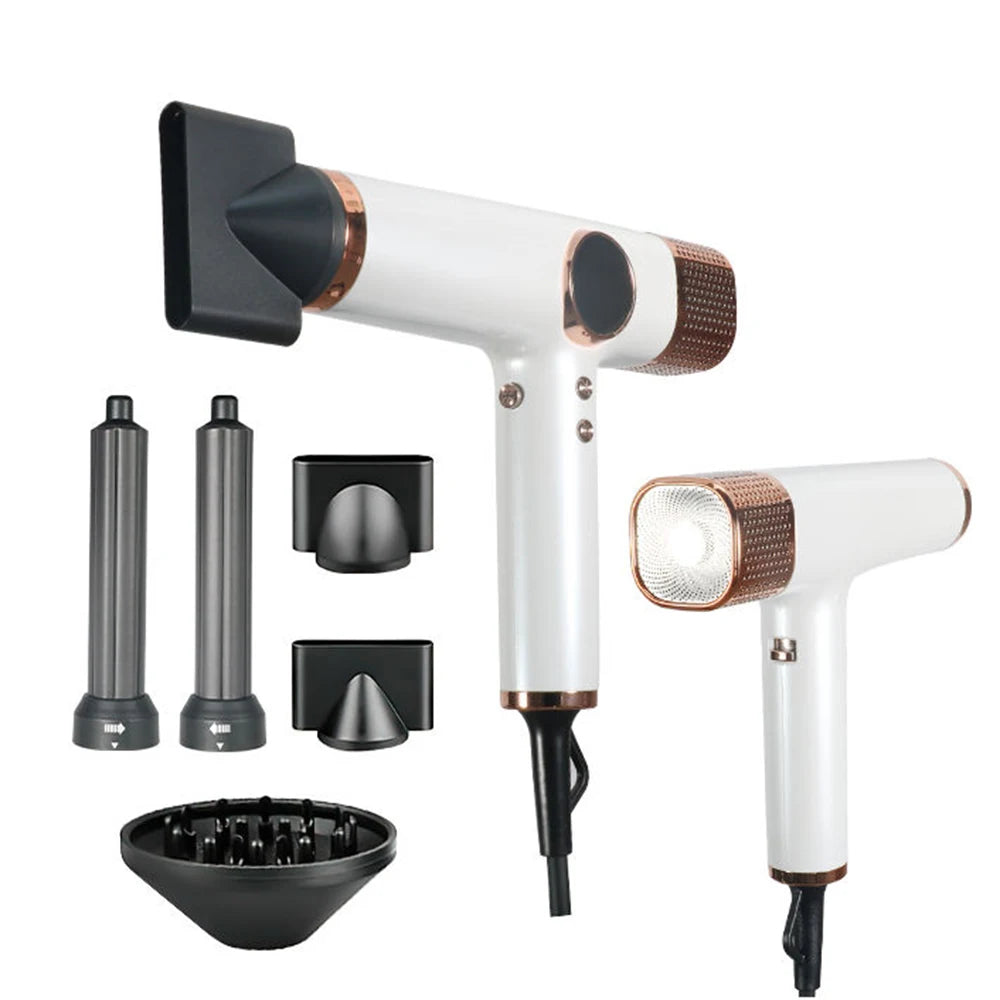 White and rose gold 5-in-1 professional brushless hair dryer with airwrap styler attachments and diffuser.