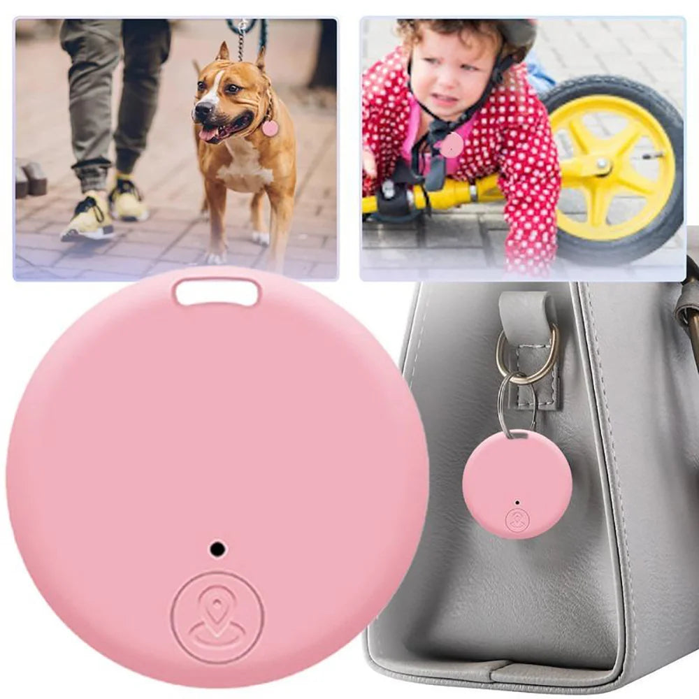 Pink Bluetooth smart GPS tracker for pets, kids, and bags. Mini anti-lost device for easy real-time location tracking.