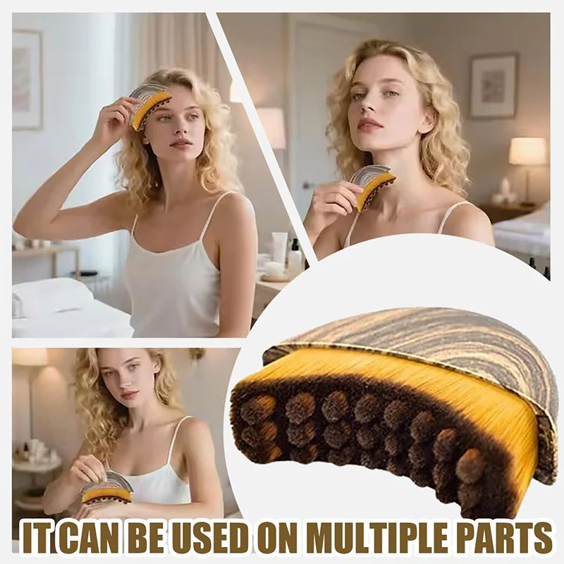 A semi-circular facial massage brush with yellow bristles and a patterned handle, shown being used on face and neck.