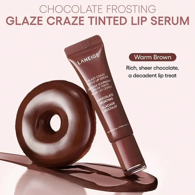 Laneige Glaze Tinted Lip Serum in Chocolate Frosting, a sheer warm brown moisturizing lip balm with a glossy texture.