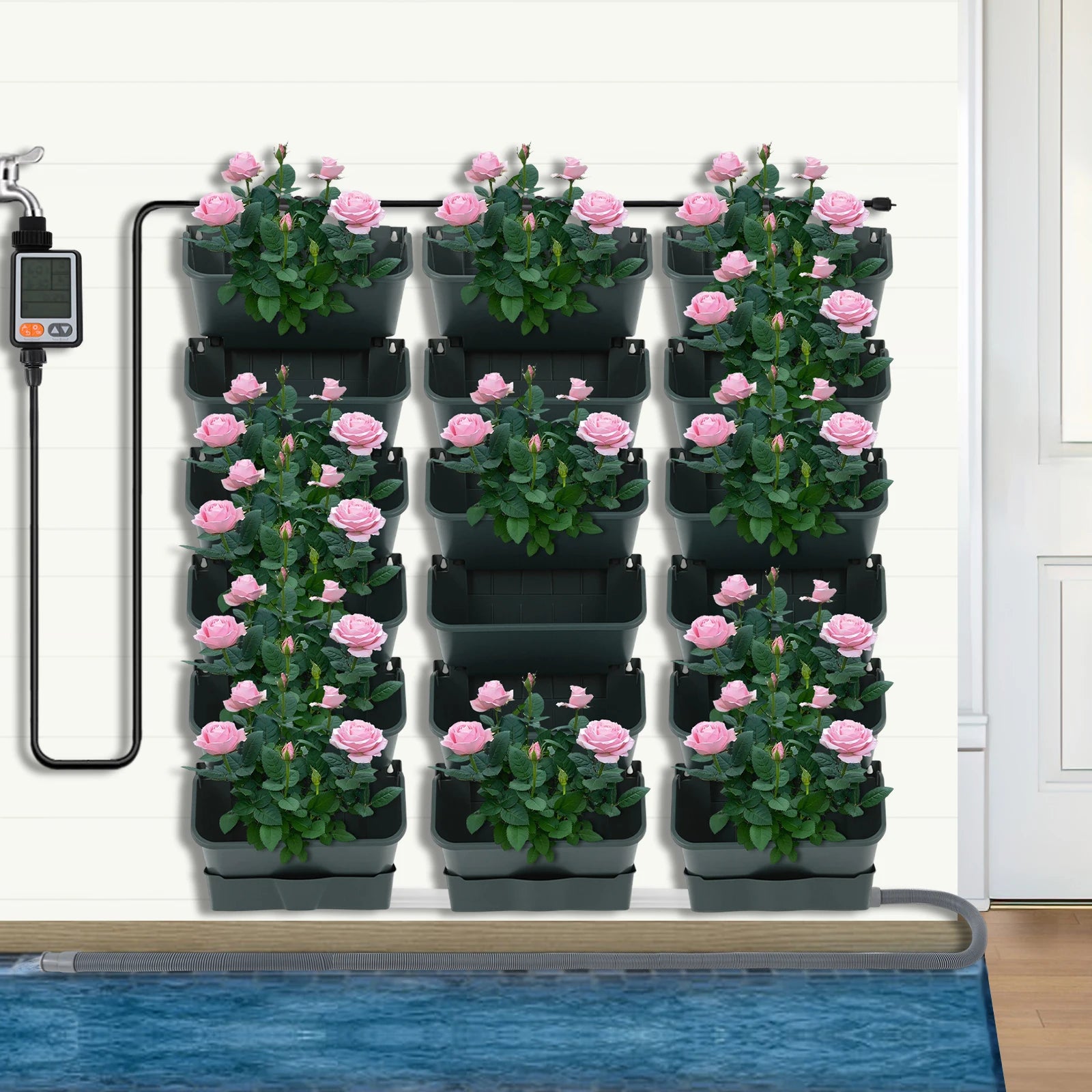 Automatic Self Watering Hanging Planter with Timer, 18 Pots Vertical Wall Garden System, Smart Drip Irrigation Kit for Indoor Outdoor Plants, Space Saving Wall Mounted Planter for Herbs Flowers Vegetables