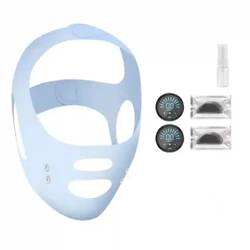 Light blue V-line facial lifting strap, two circular digital EMS control units, a spray bottle, and conductive gel pads.