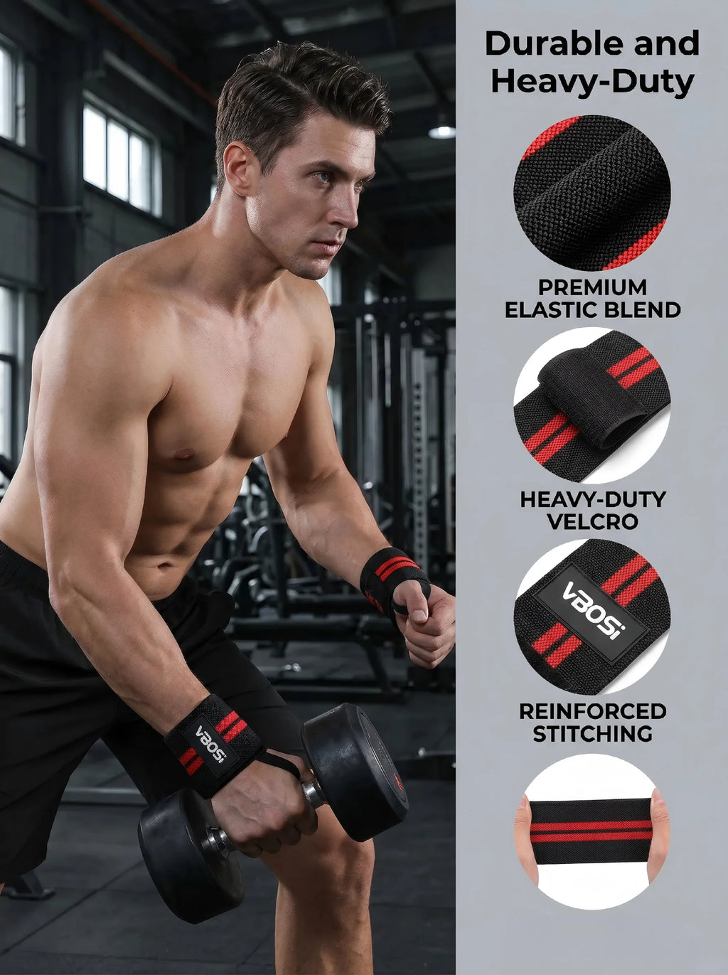VBOSI Adjustable Wrist Support Brace with Thumb Loop,Heavy Duty Wrist Wraps for Powerlifting, Weight Training&Injury Prevention