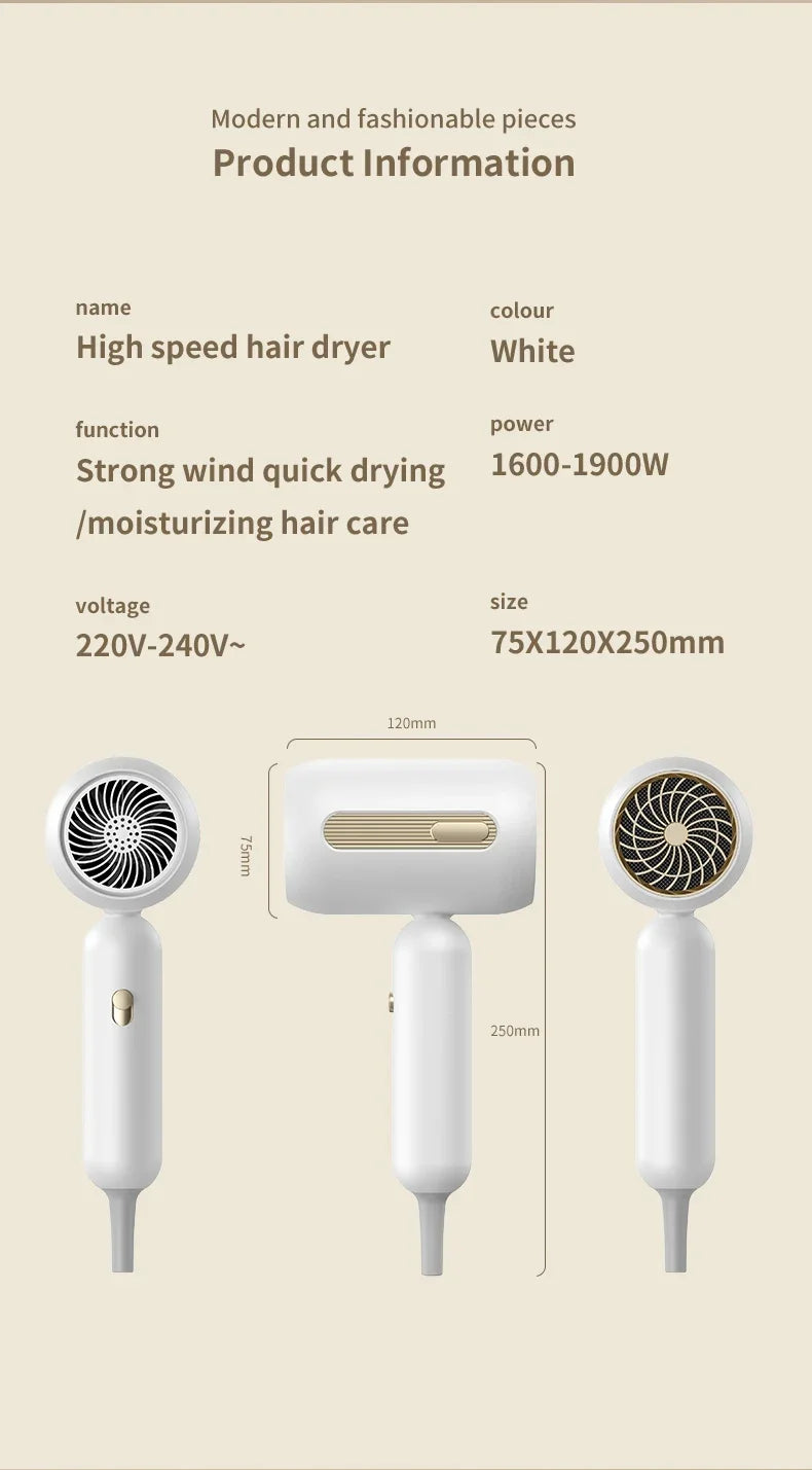 White F41 high-speed hair dryer with gold accents, showing compact design, quick-dry turbine airflow, and specs.