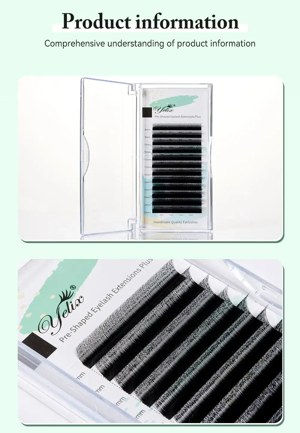 Yelix black 3D W-shape premade volume lash extension trays, organized by length in a clear plastic case.