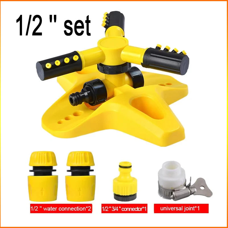 Yellow 1/2 inch set rotating lawn sprinkler with hose fittings and universal joint