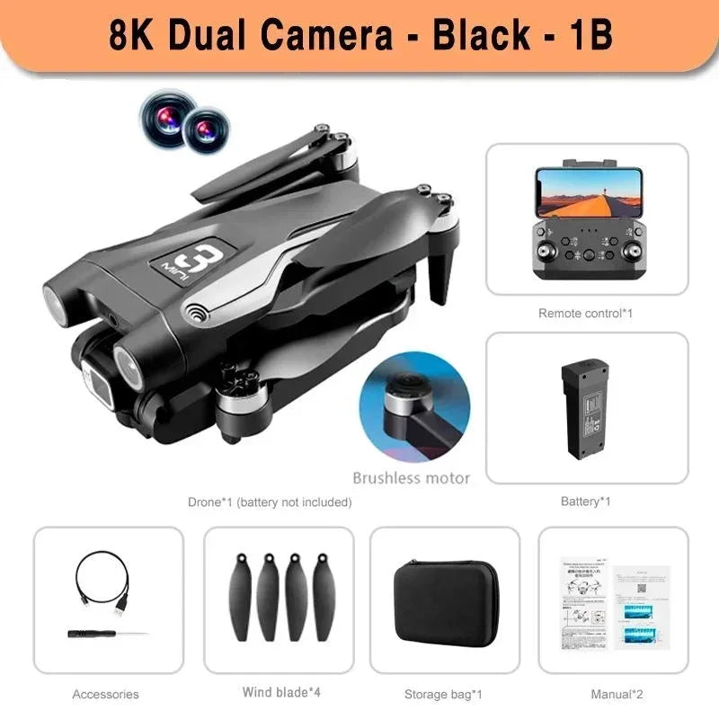 8K Camera Drone Foldable Quadcopter with Obstacle Avoidance | Tidesmit Black Dual-8K-1B Tidesmit