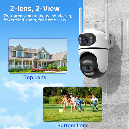 White dual-lens PTZ Wi-Fi security camera mounted on a wall with two antennas