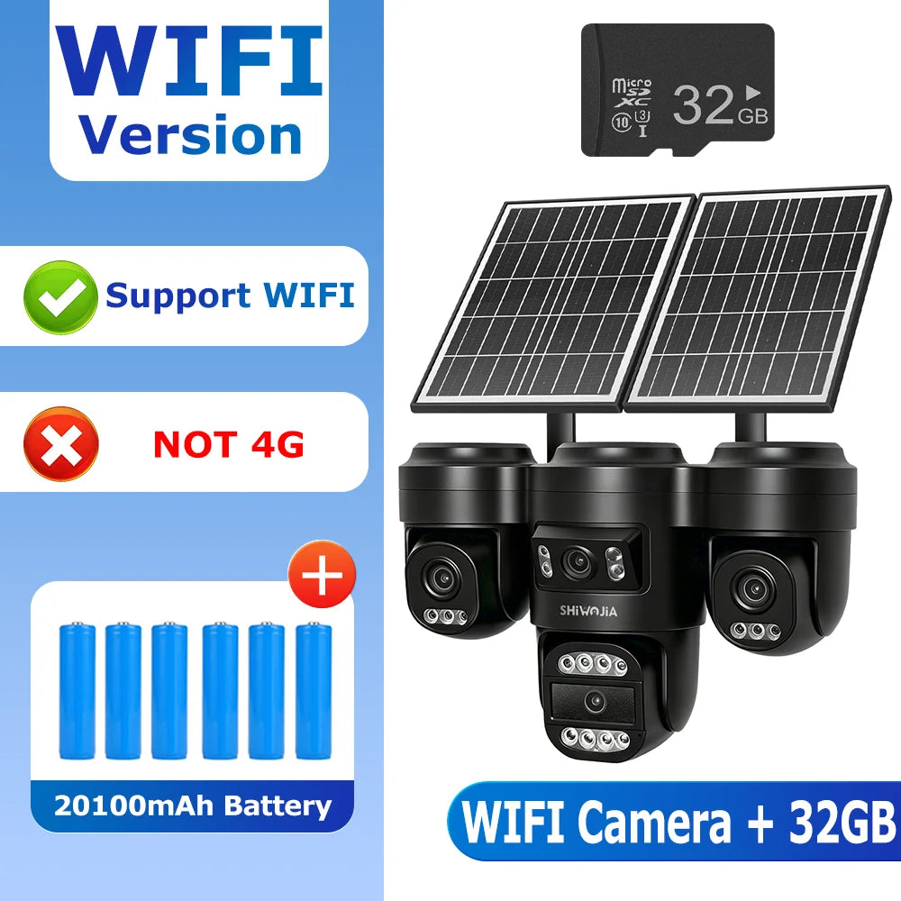 WiFi solar security camera with quad lenses, two solar panels, microSD 32GB