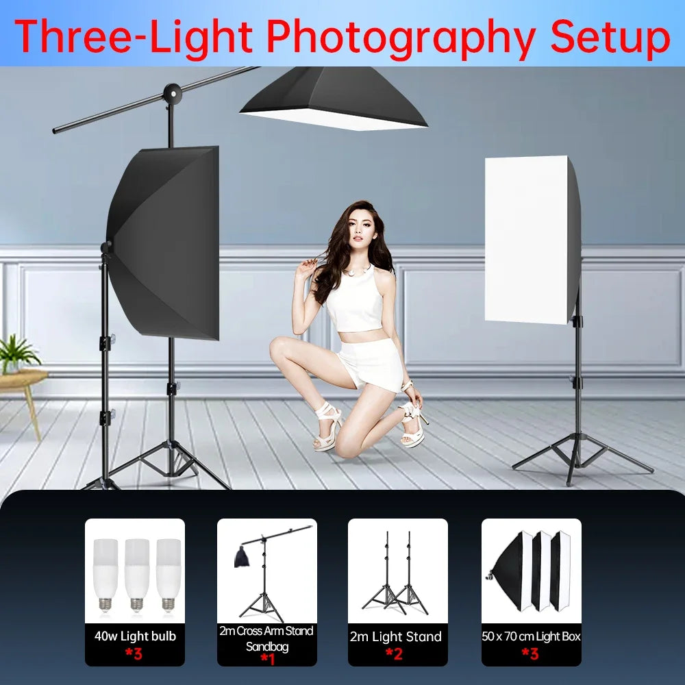 Three-light photography setup with two panel lights and a softbox light
