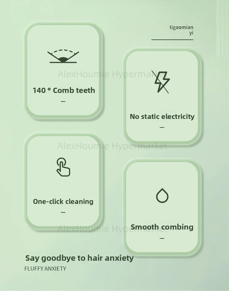 Cat grooming brush features: 140° teeth, one-click cleaning, anti-static design for smooth, easy pet hair removal.