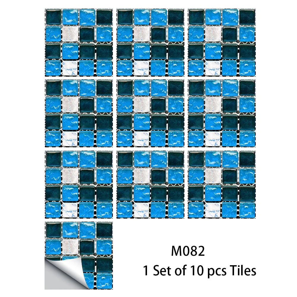 Glossy blue mosaic tile sticker set of 10 pcs, square tiles with dark grout lines