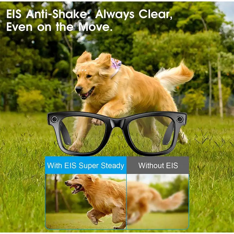 Black plastic smart glasses with integrated side cameras for hands-free, stabilized video recording.