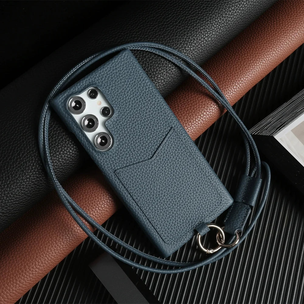 Genuine Leather Samsung Galaxy S24 Ultra Case with Adjustable Lanyard Dark blue China Mainland Tidesmit