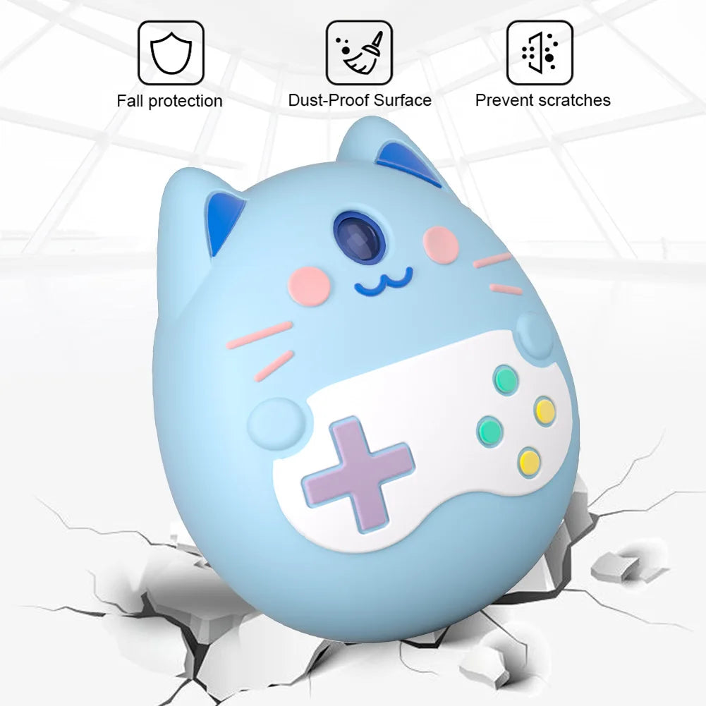 Blue cat silicone case for Tamagotchi Pix. Shockproof, dust-proof cover protects virtual pet from drops and scratches.