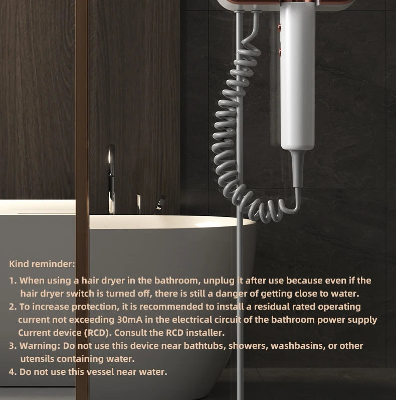 Wall-mounted white hotel hair dryer with coiled cord, high-wind blue light technology, and non-perforated design.