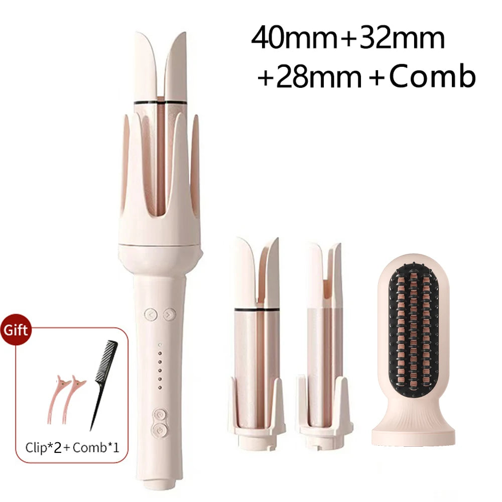 Pink automatic curling iron set with 3 interchangeable barrels, hair brush attachment, and styling clips for salon hair.