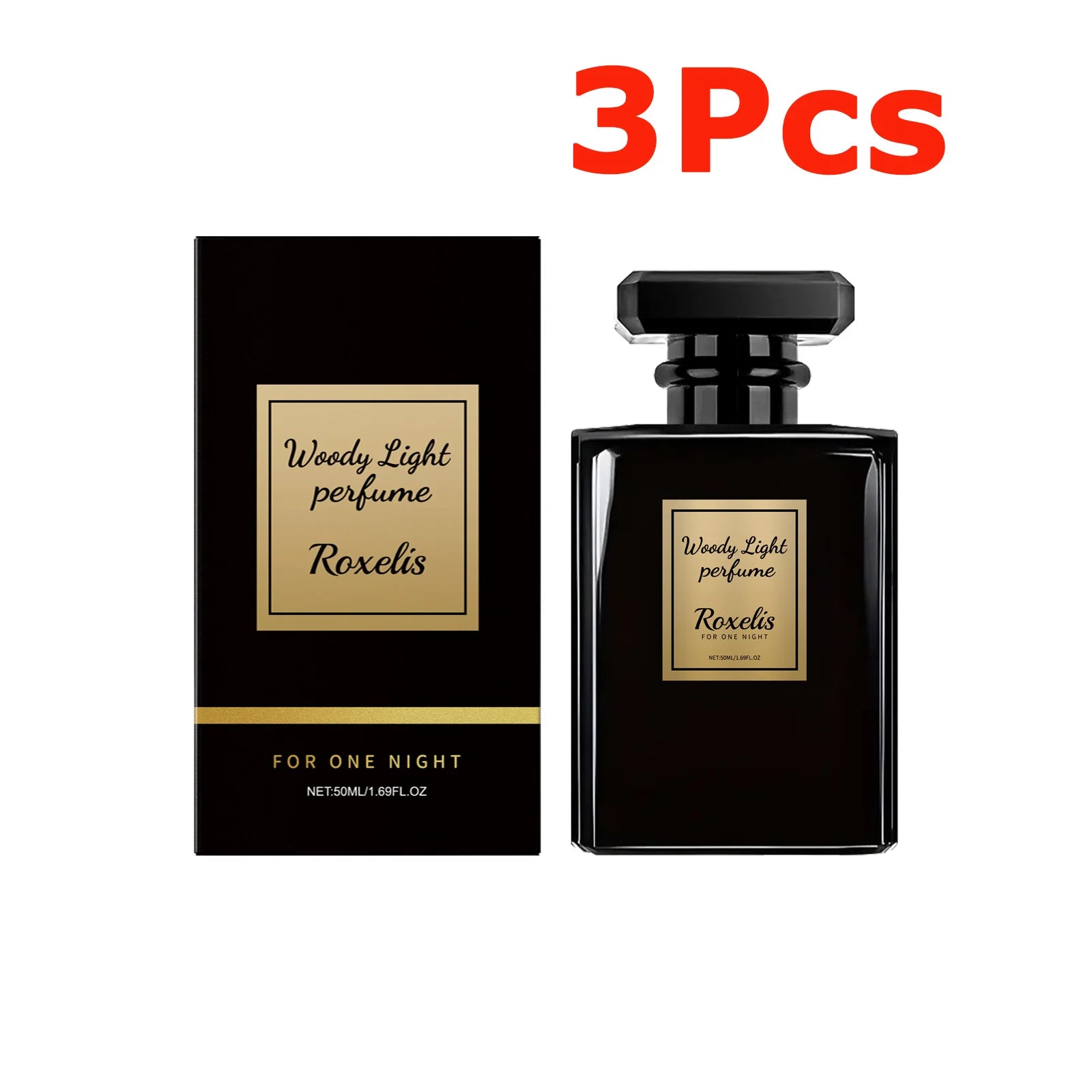 Roxelis Woody Light cologne for men. Luxurious 50ml square black glass bottle, long-lasting woody fragrance scent. 3pk.