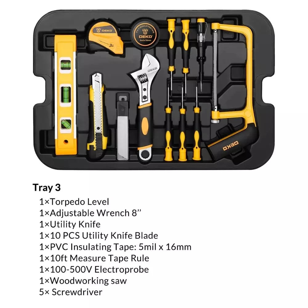 DEKO 258pcs Home DIY Hand Tool Set Professional Hand Tool Luggage Three-layer Rolling Portable Storage Box