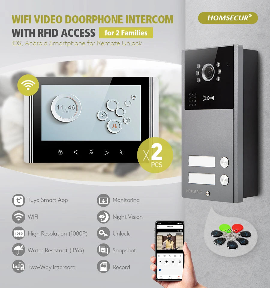 HOMSECUR 7" WIFI Video Door Phone Call Intercom Outdoor Monitoring for 2 Families