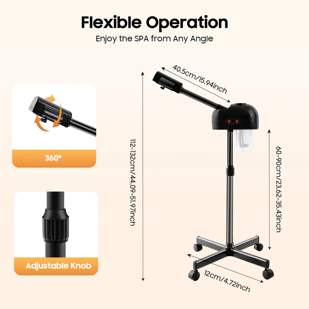 Black facial steamer on a height-adjustable rolling stand with a 360-degree rotating nozzle for salon use.