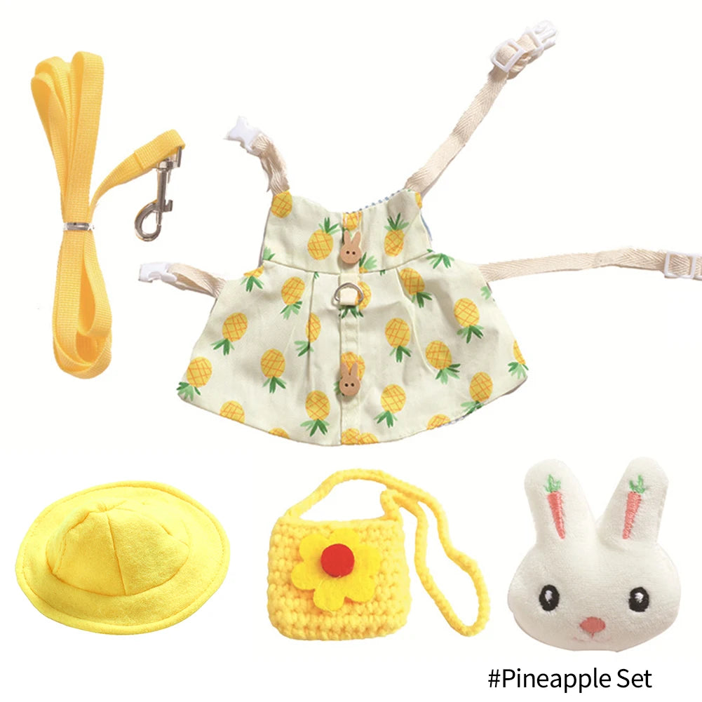 Cute pineapple print rabbit vest harness set with yellow hat, leash, and bag for outdoor walking for small pets.