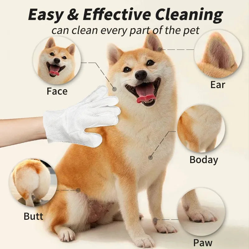 6pc no-rinse pet cleaning gloves for dogs and cats, deodorizing wipes for easy grooming of face, ears, paws, and body.