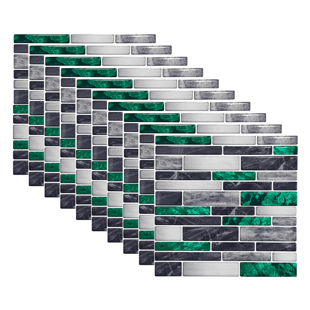 3D mosaic brick tile wall sticker sheet with white, dark gray, and green accents
