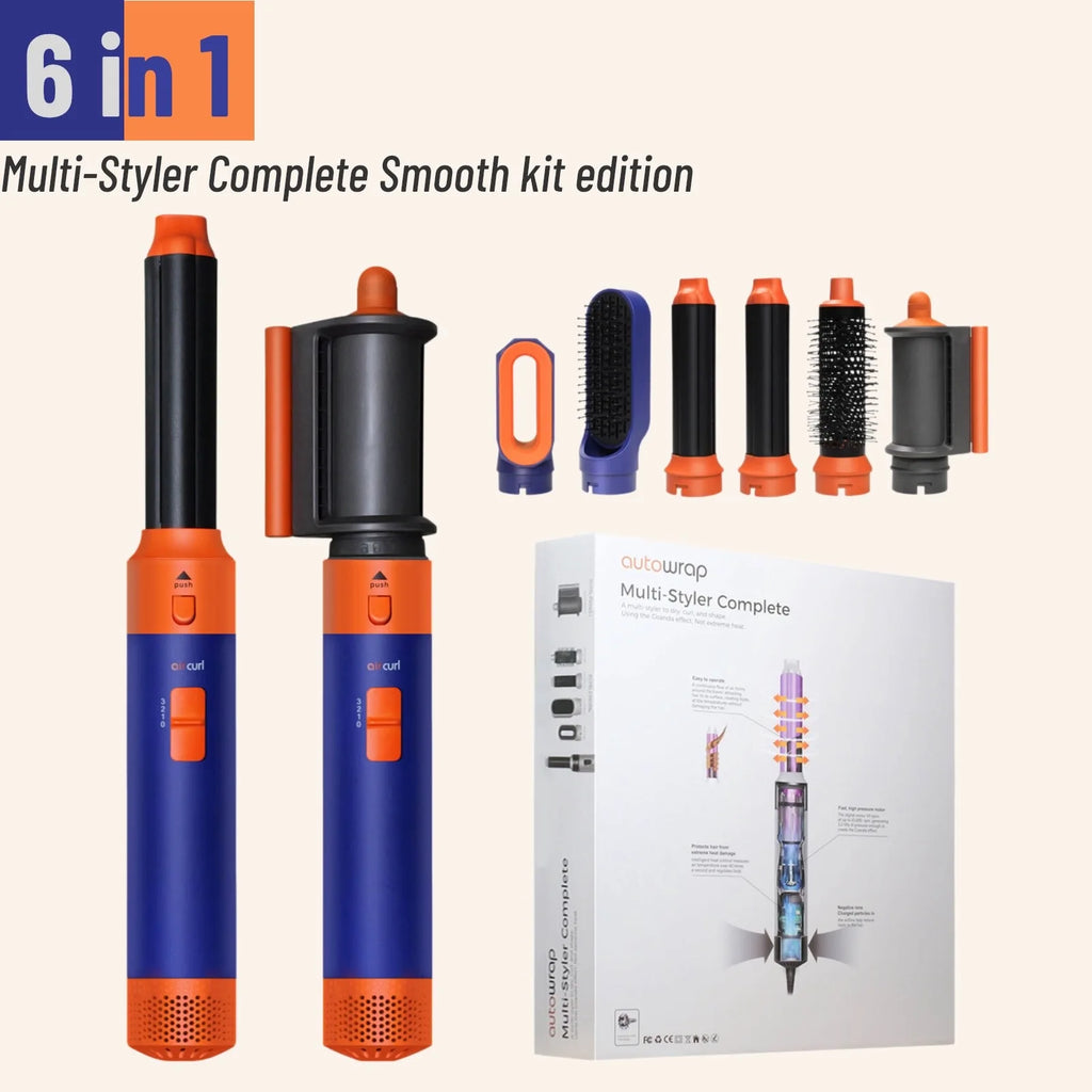 6-in-1 orange and blue hair dryer multi-styler kit with curling barrels, brushes, and straightener attachments.