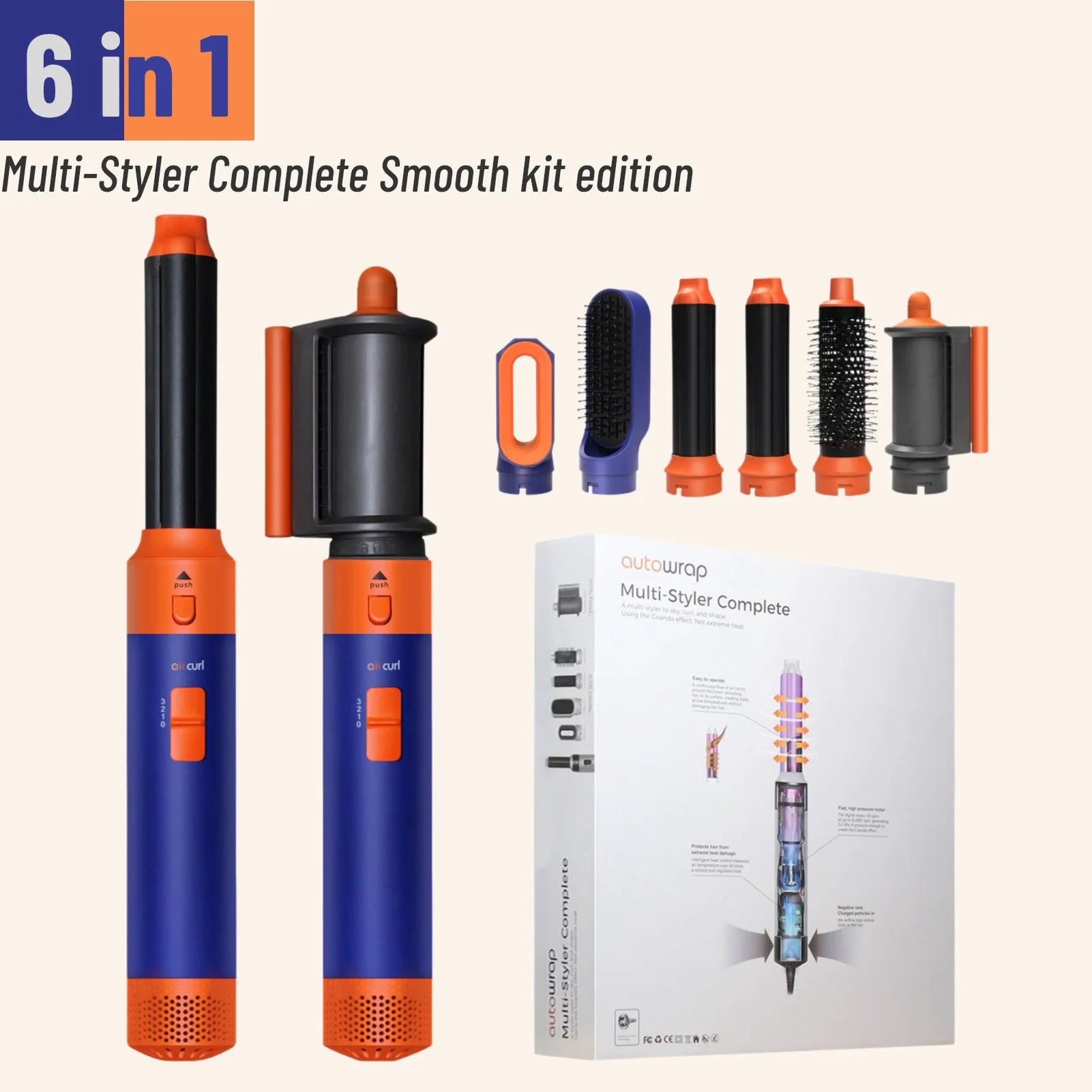 6-in-1 orange and blue hair dryer multi-styler kit with curling barrels, brushes, and straightener attachments.
