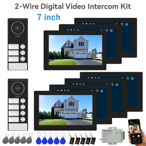 2-wire digital video intercom kit with 7-inch monitors, door panel, RFID badges, key fobs