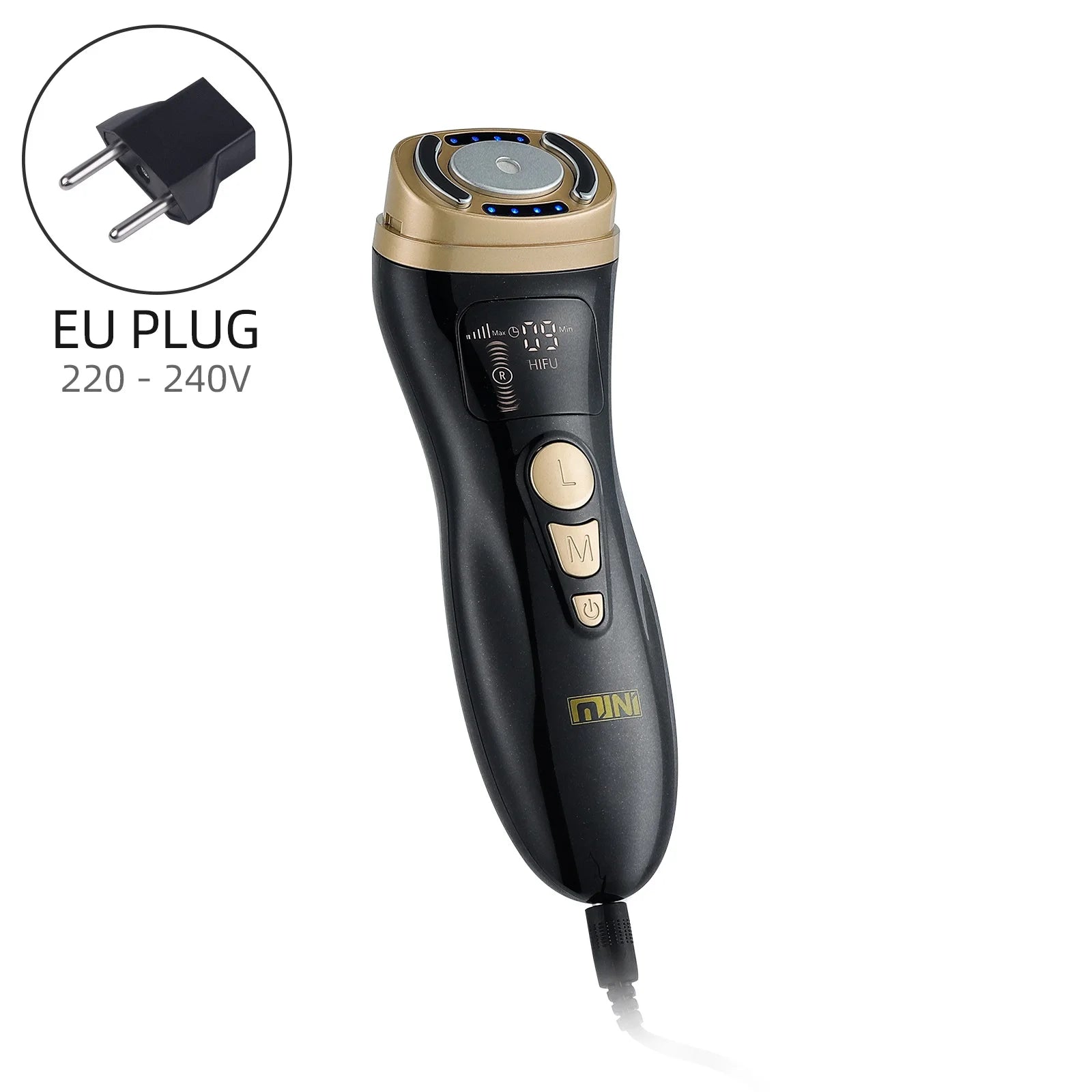 Black and gold mini HIFU facial lifting device with digital display, buttons, and an included EU power plug.