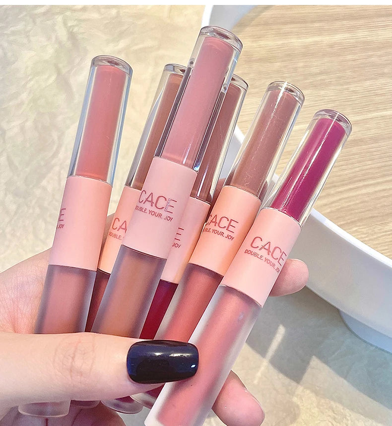 CACE double-ended lip glaze set featuring matte lipstick and water gloss in various red and nude shades for lip makeup.
