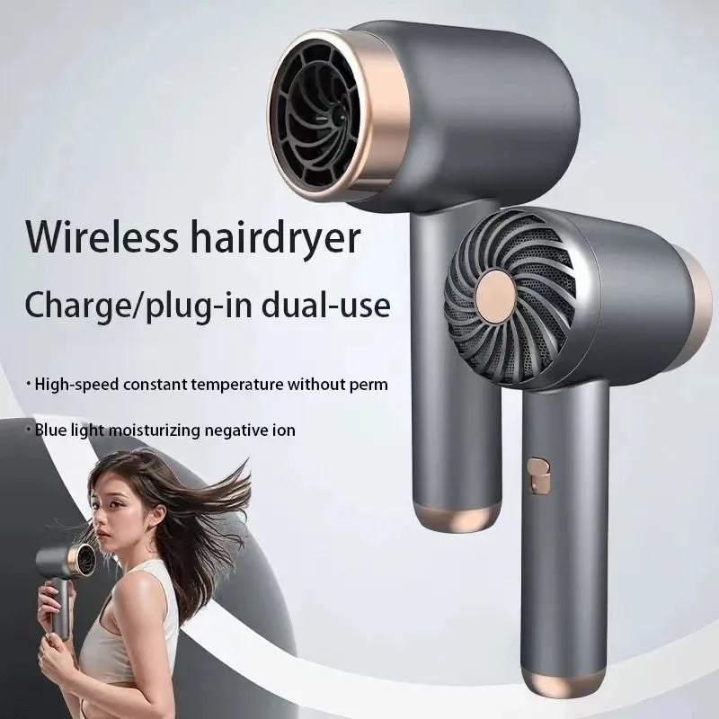 Portable charcoal gray USB rechargeable cordless hair dryer with rose gold accents and negative ion technology.