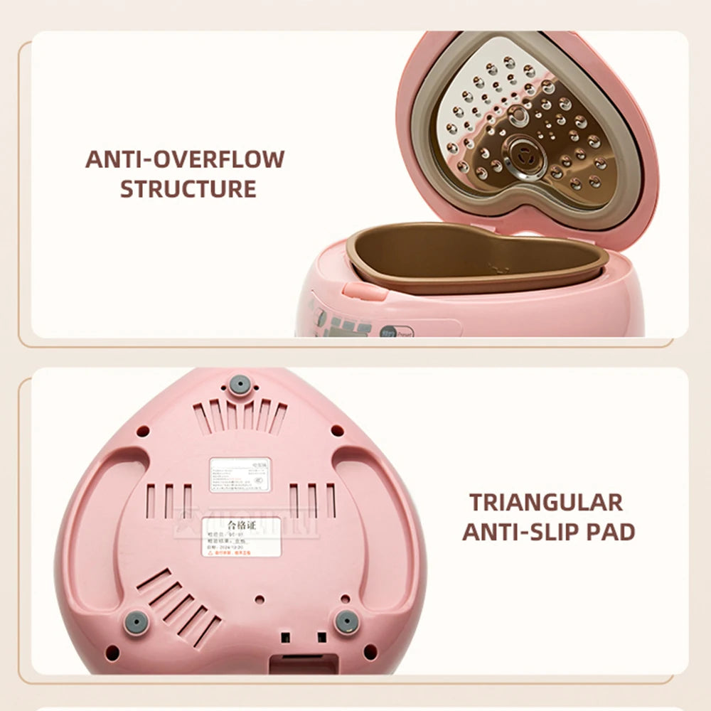 Pink mini cooker base with open lid, anti-overflow design and anti-slip pad